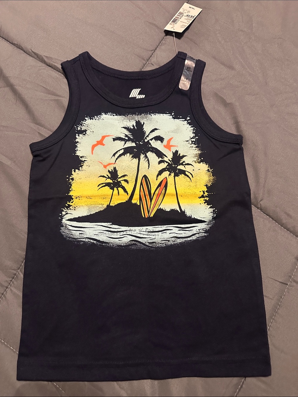 The Children's Place Navy Blue Tank Top with Yellow & Orange Sunset Surf Graphic